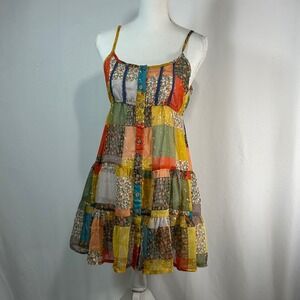 Blue Bird Patchwork Tiered Button Front Mini Dress Boho Festival Yellow Orange S